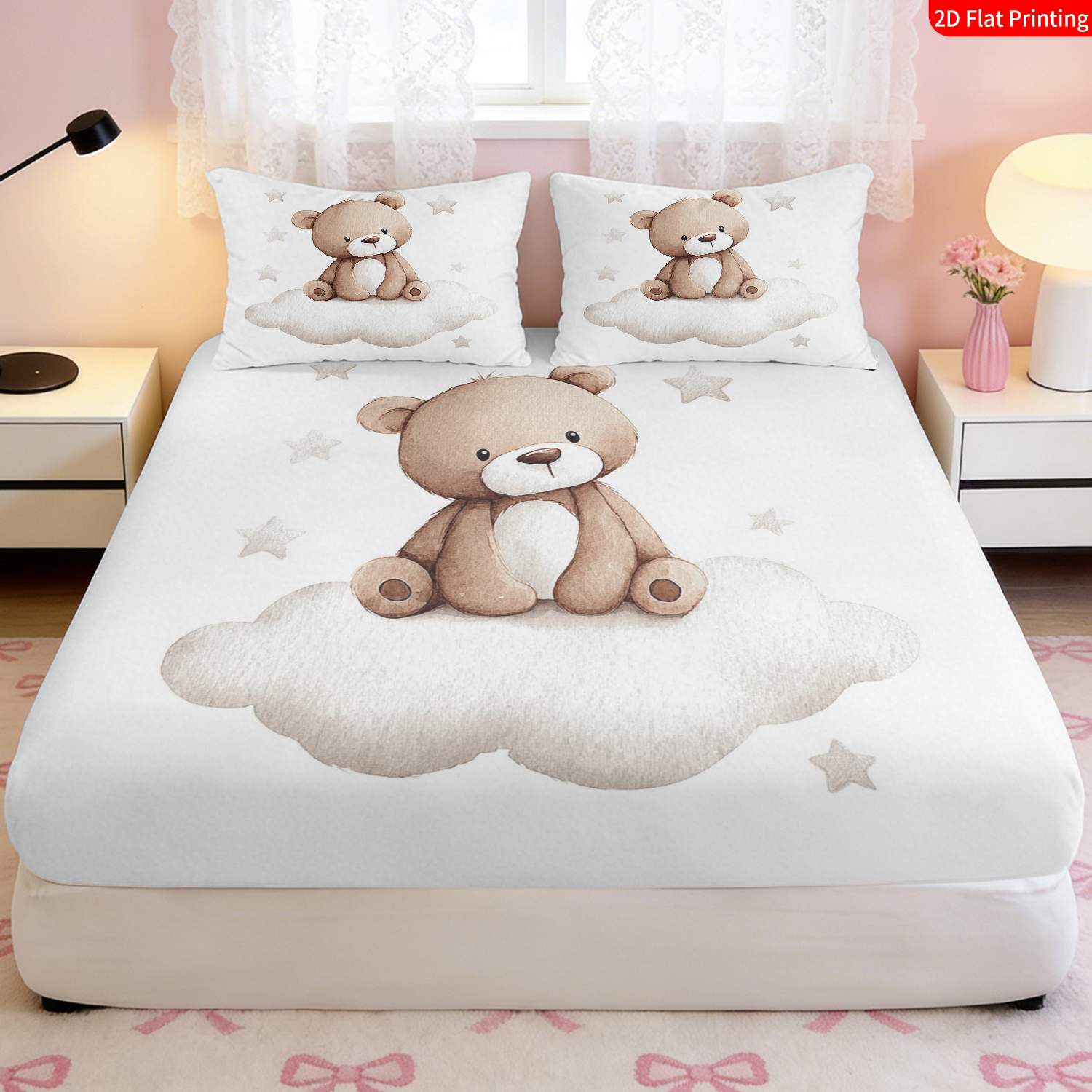 2/3pcs Cute Bear & Cloud Theme Fitted Sheet Bedding Set