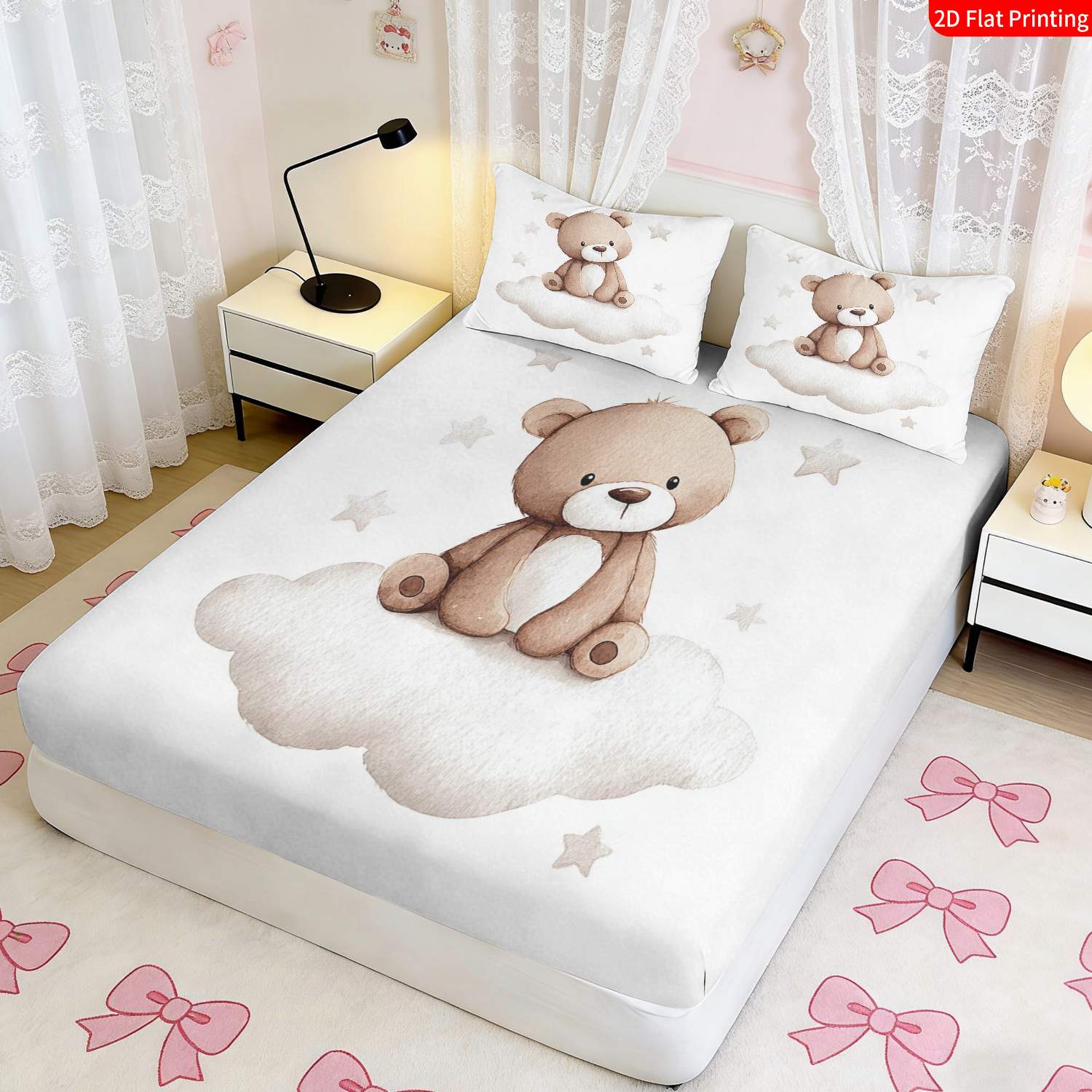 2/3pcs Cute Bear & Cloud Theme Fitted Sheet Bedding Set