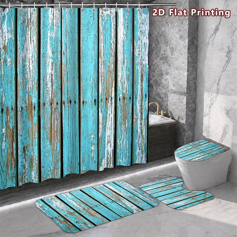 4pcs Rustic Wood Shower Curtain & Bath Mat Set