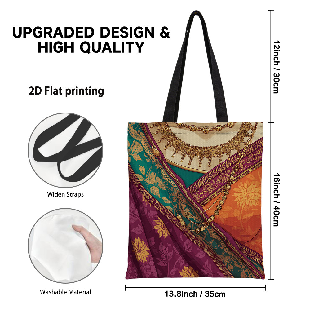 TEMU 1pc Reusable Grocery Bag, 2d Flat Printed Design With Traditional Indian Attire Pattern, Large Capacity, Strong And Durable Fabric With Sturdy