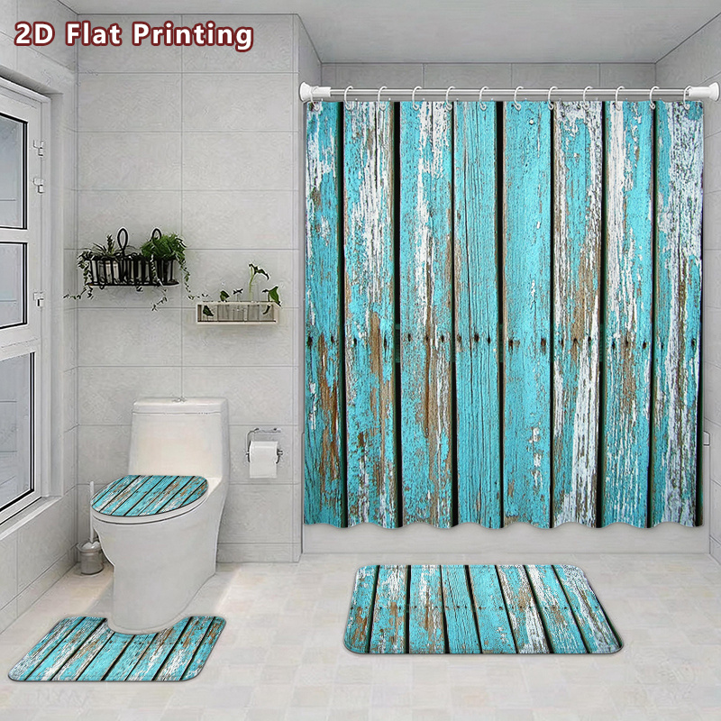 4pcs Rustic Wood Shower Curtain & Bath Mat Set