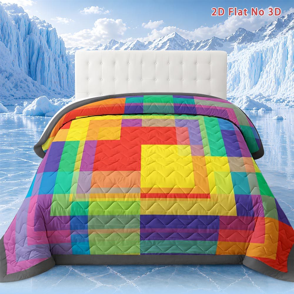 TEMU Latacaca 2d Flat Multicolored Square Pattern 1pc Quilt Multicolored Square Pattern Quilted Comforter Queen Size All Season Bedding Cooling
