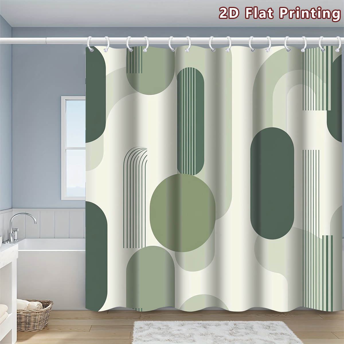 Olive Green Modern Geometric Shower Curtain with Hooks, Multi-Size