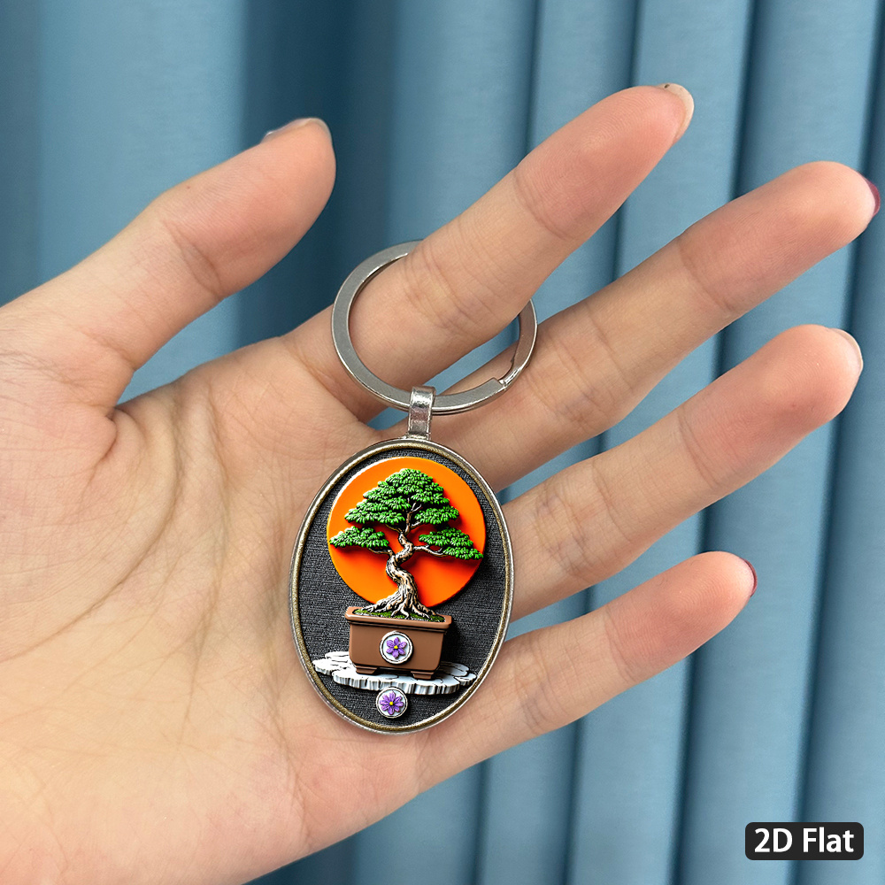 TEMU 1pc 2d Flat, Japanese Zen Bonsai Keychain, Exquisite Pattern With Green Leaves, Thick Trunk And Brown Flower Pot, Purple Flower Embellishment,