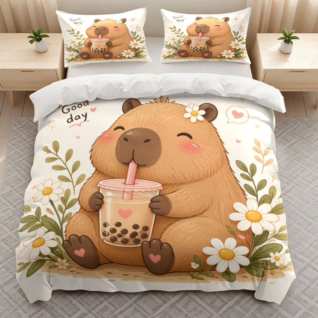 TEMU 3pcs Capybara Boba Pattern Bedding Duvet Cover Quilt Cover, Trendy Soft Bedding (1 X Duvet Cover And 2 X Pillowcases) With Zipper Closure For