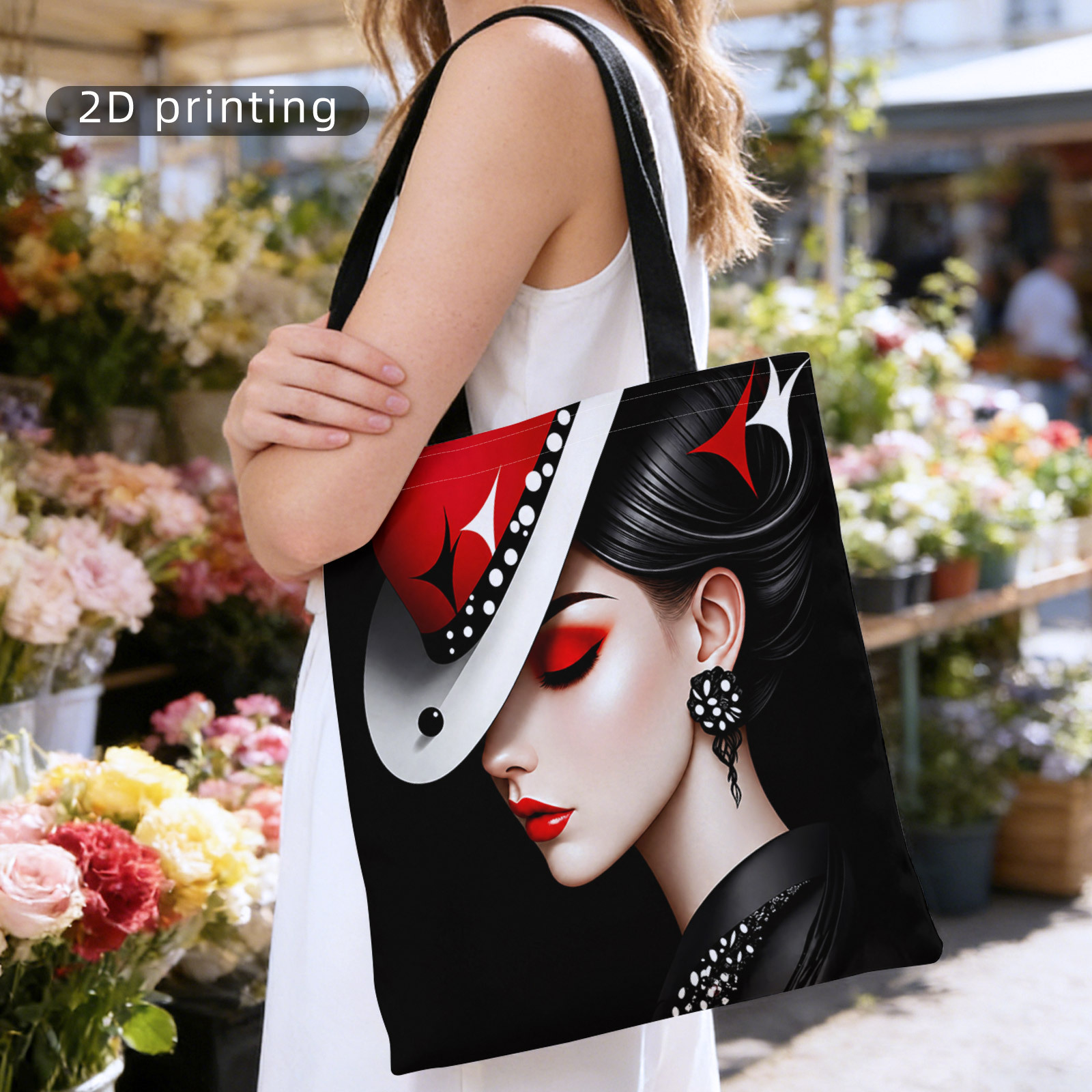 TEMU 1pc [tote Bag] 2d Flat Effect Retro Modern Red Makeup Portrait Large Capacity New Tote Bag, Casual All-match, Suitable For Daily
