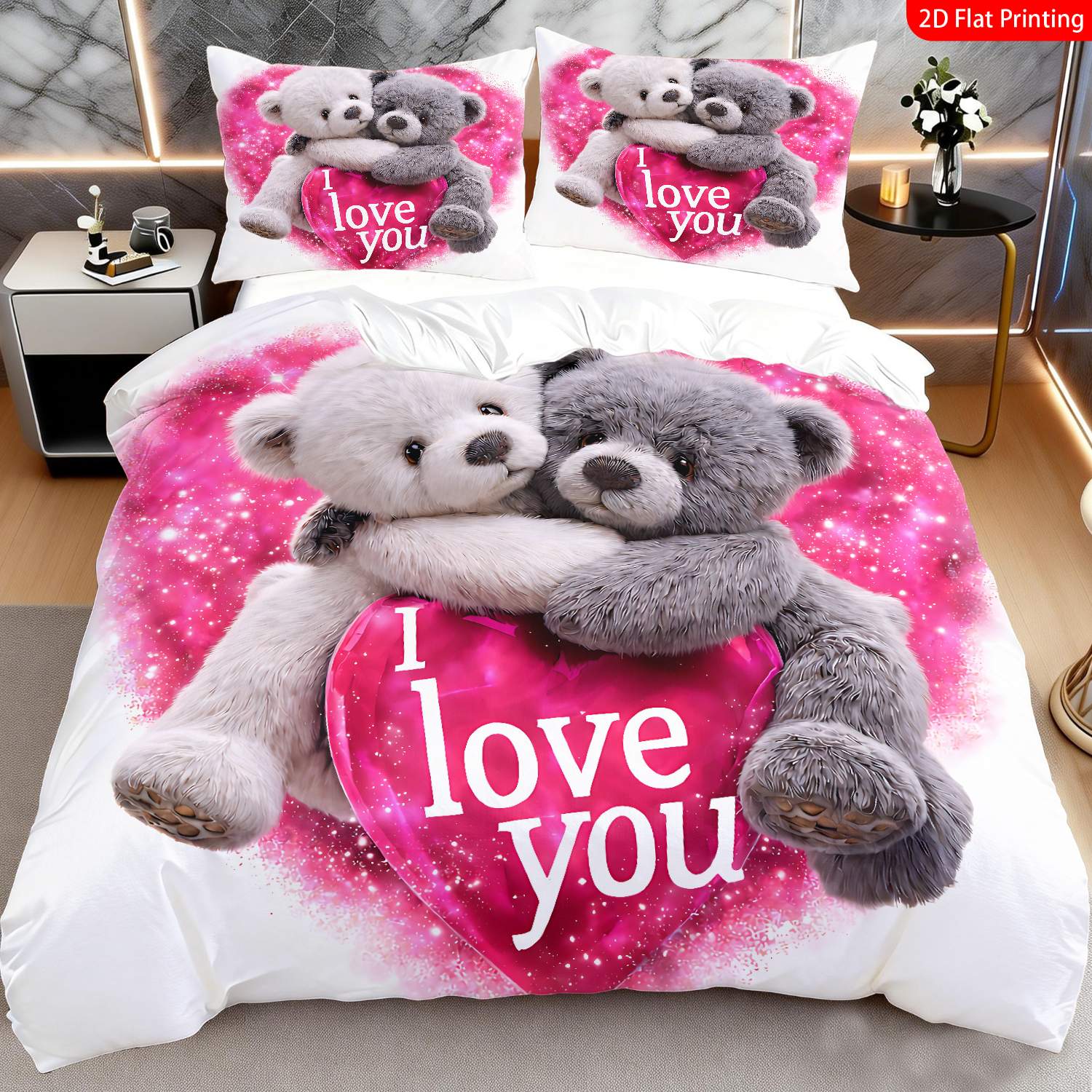 TEMU 2/3pcs 2d Flat Printing Romantic Sweetheart Quilt Cover Bedding Pink & Gray Adorable Hugging With "i Love You" Heart Pattern Suitable For