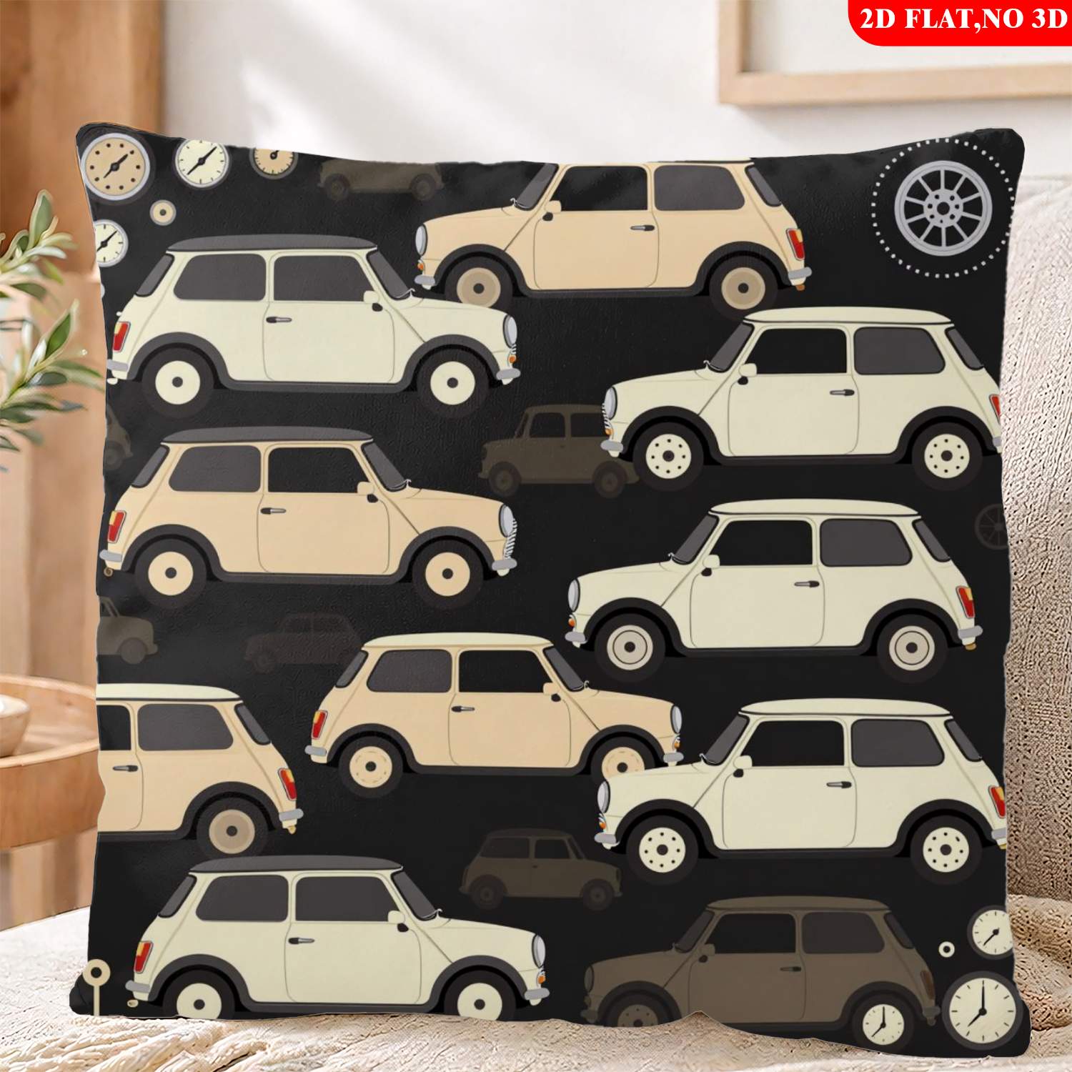 TEMU 2d Flat - 1pc Throw Pillow Cover (pillow Inserts Not Included), 2d Flat Print Retro Car Pattern Pillowcase Black Background With Beige Print