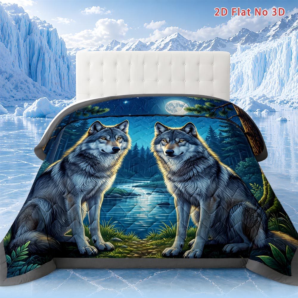 TEMU Latacaca 2d Flat Wolf Forest Night 1pc Quilt Wolf Themed Quilted Comforter Queen Size All Season Bedding Cooling Blanket For Hot Sleepers