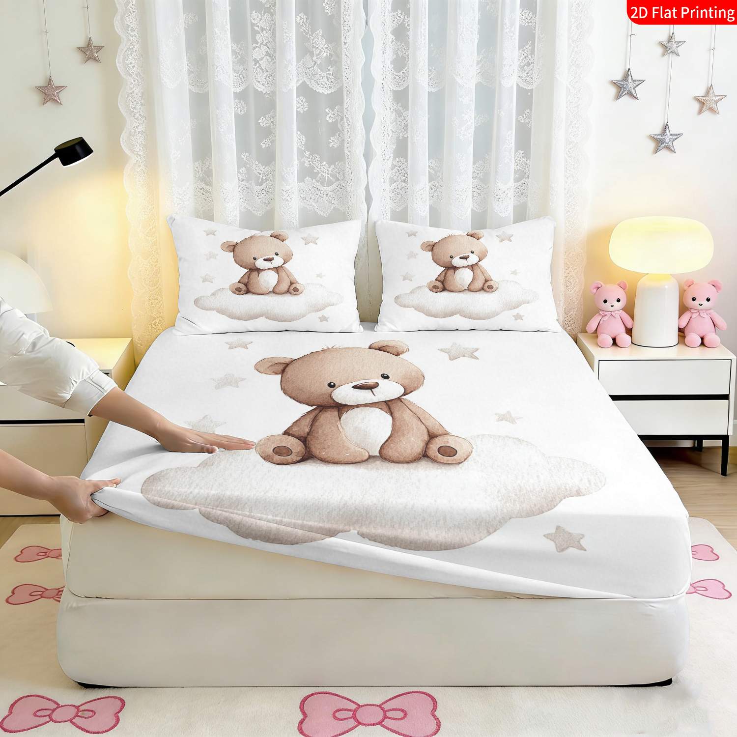 2/3pcs Cute Bear & Cloud Theme Fitted Sheet Bedding Set