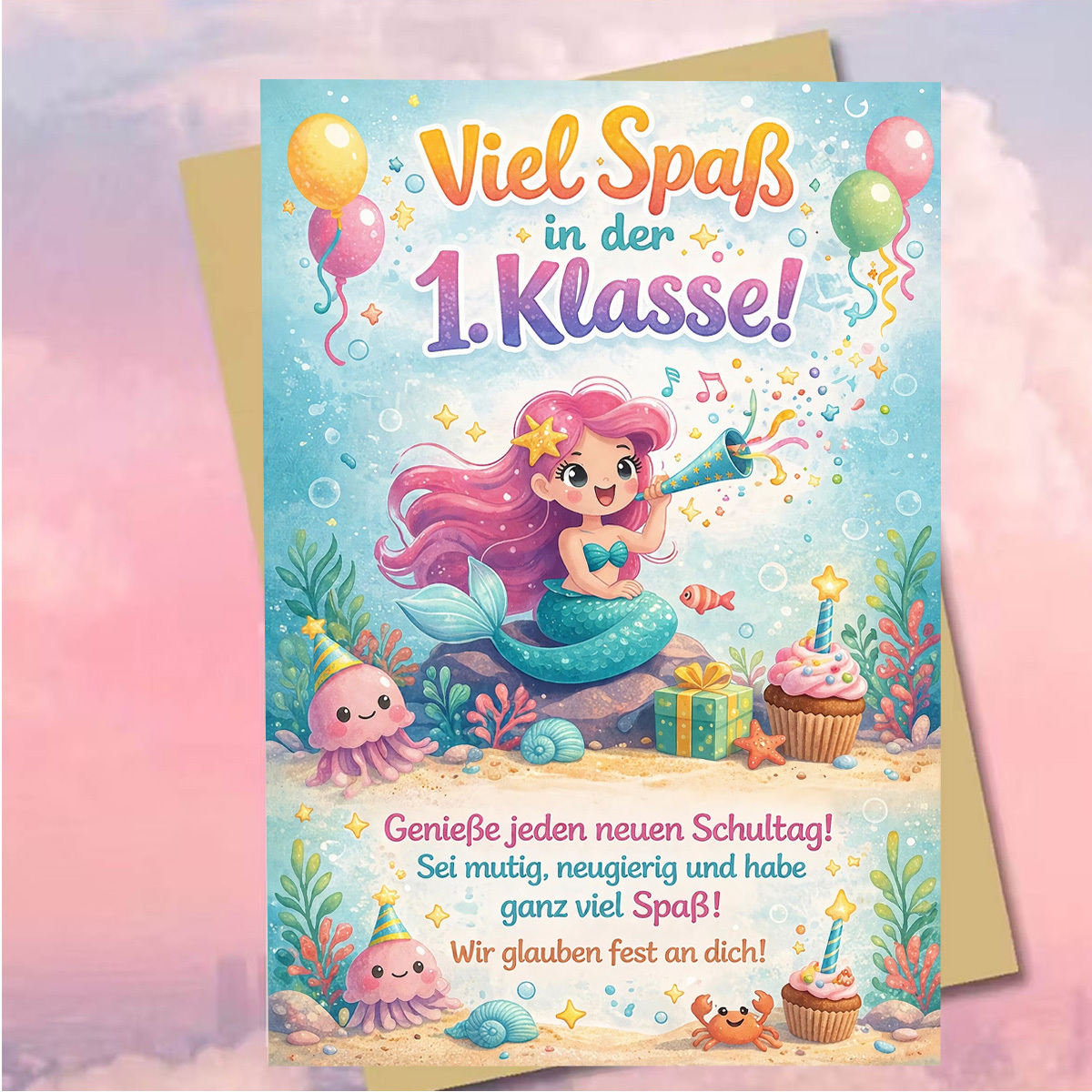 1pc Cute Ocean-themed Back-to-school Greeting Card, "viel Spaß In Der 1.klasse!", Mermaid And Of Season, Suitable For First-grade , Sturdy And Durable Paper, Colors