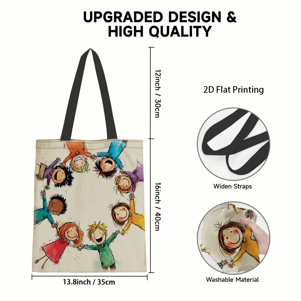 TEMU 1pc 2d Flat Holding Hands Circle Printed Canvas Tote Bag, Durable Foldable Reusable Tote Bag, Reusable Grocery Bags, Great For Shopping, Travel