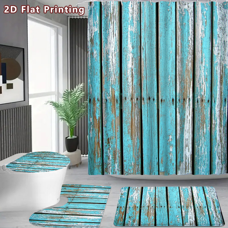 4pcs Rustic Wood Shower Curtain & Bath Mat Set