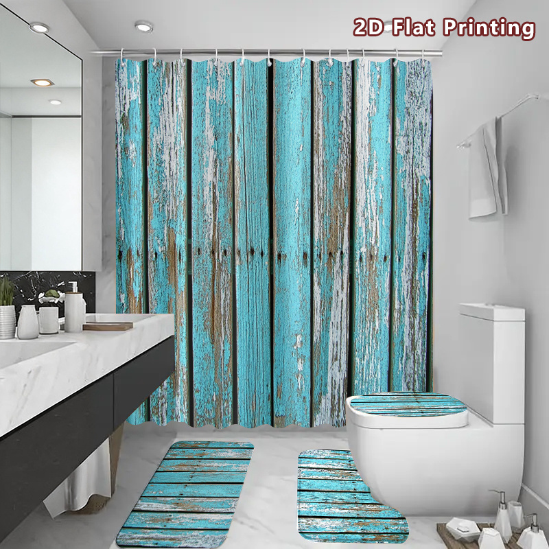 4pcs Rustic Wood Shower Curtain & Bath Mat Set