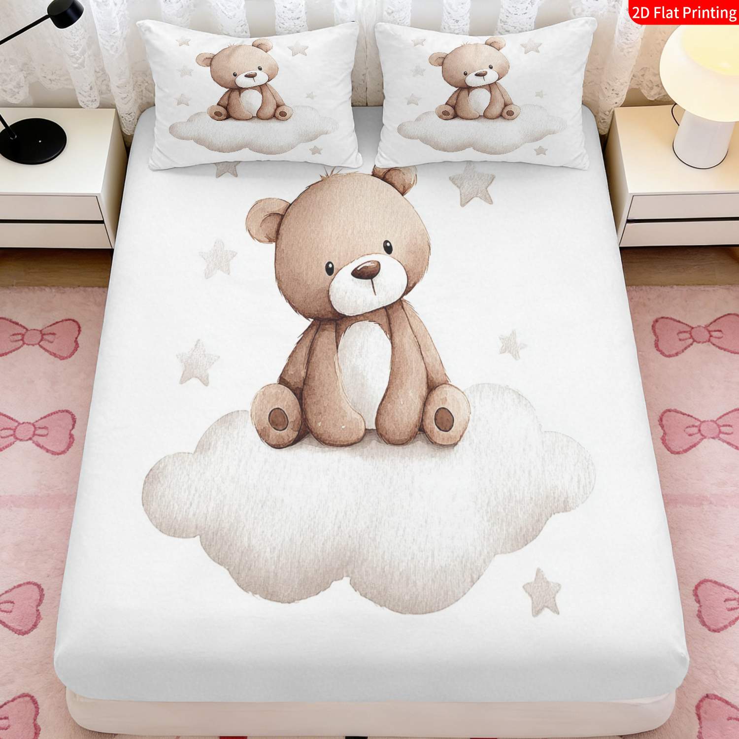 2/3pcs Cute Bear & Cloud Theme Fitted Sheet Bedding Set