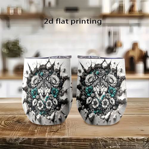 1pc 12oz coffee cups mugs stainless steel tumbler water bottle leak proof suitable for everyone perfect gift for couples family gift idea wolf and flowers artwork