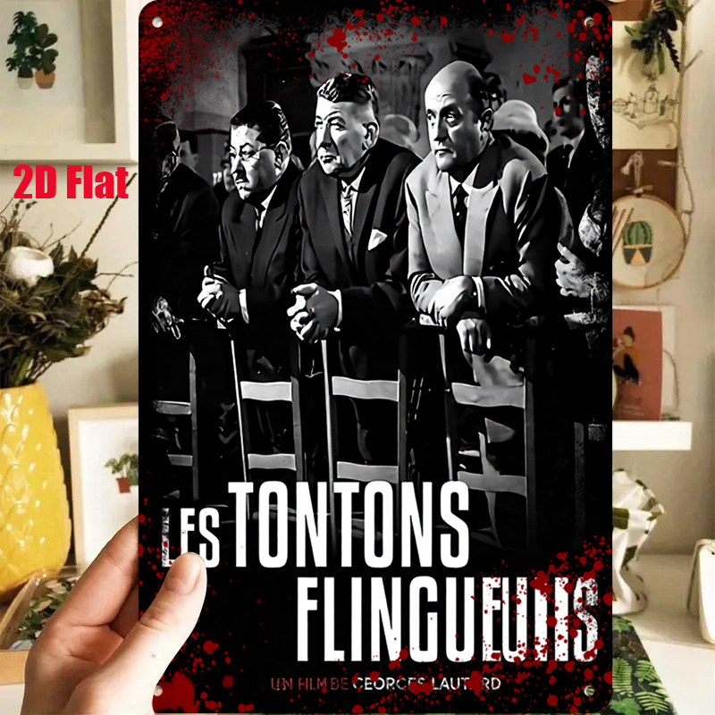 TEMU 2D Plat - 1pc 2D[Plat] Plaque Métallique《Les Tontons Flingueurs》Affiche de Film Peinture Décorative, Style Rétro , Hommes en Costume avec des