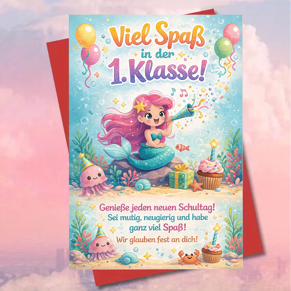 Image of 1pc Cute Ocean-themed Back-to-school Greeting Card, "viel Spaß In Der 1.klasse!", Mermaid And Of Season, Suitable For First-grade , Sturdy And Durable Paper, Colors
