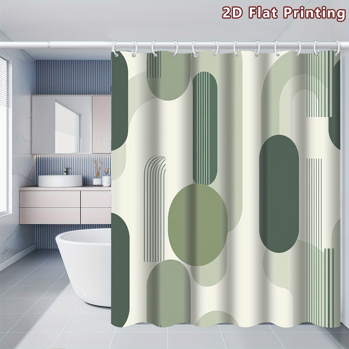 Olive Green Modern Geometric Shower Curtain with Hooks, Multi-Size