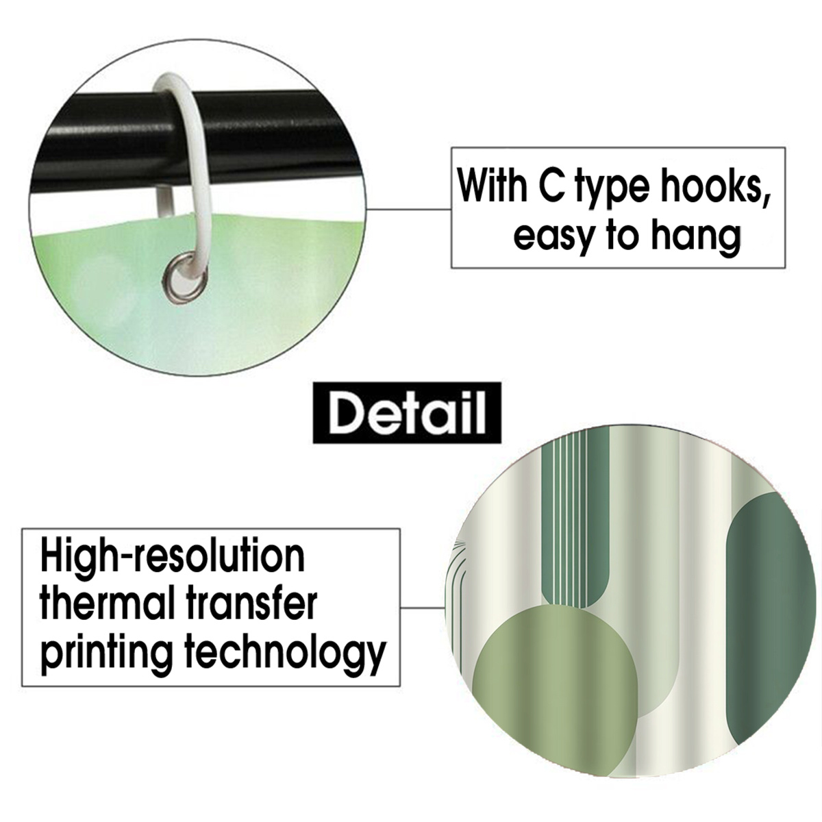 Olive Green Modern Geometric Shower Curtain with Hooks, Multi-Size