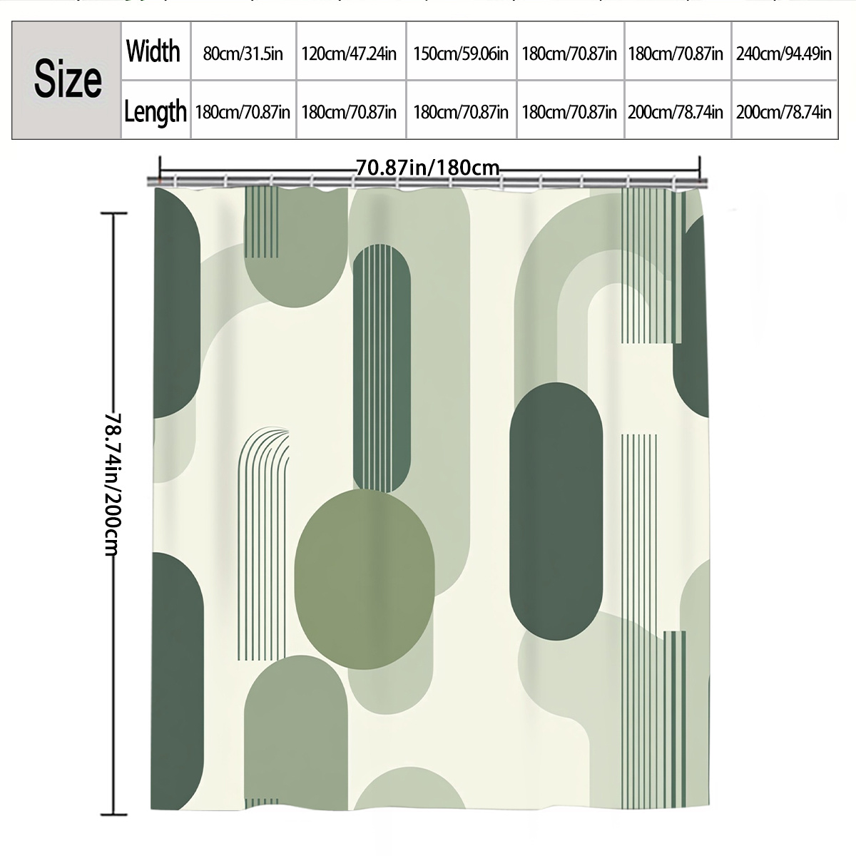 Olive Green Modern Geometric Shower Curtain with Hooks, Multi-Size