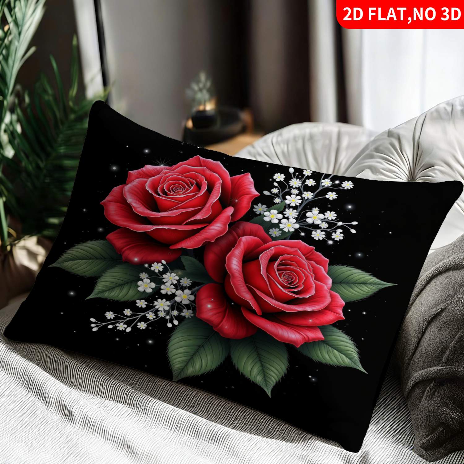 TEMU 1pc Pillowcase (pillow Inserts Not Included) 2d Flat Print Romantic Red Roses With White Small Flowers And Green Leaves Pattern Soft Decorative