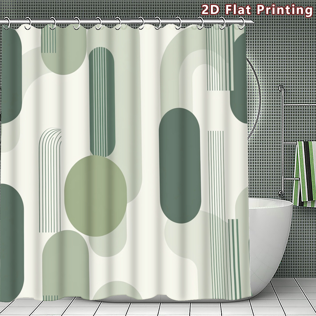Olive Green Modern Geometric Shower Curtain with Hooks, Multi-Size