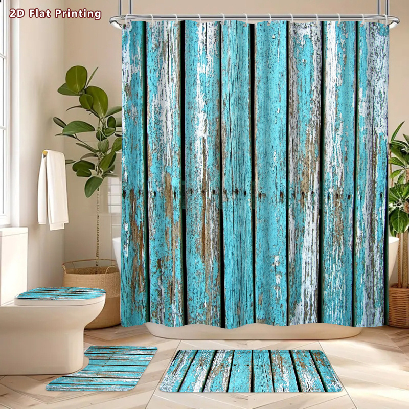 4pcs Rustic Wood Shower Curtain & Bath Mat Set