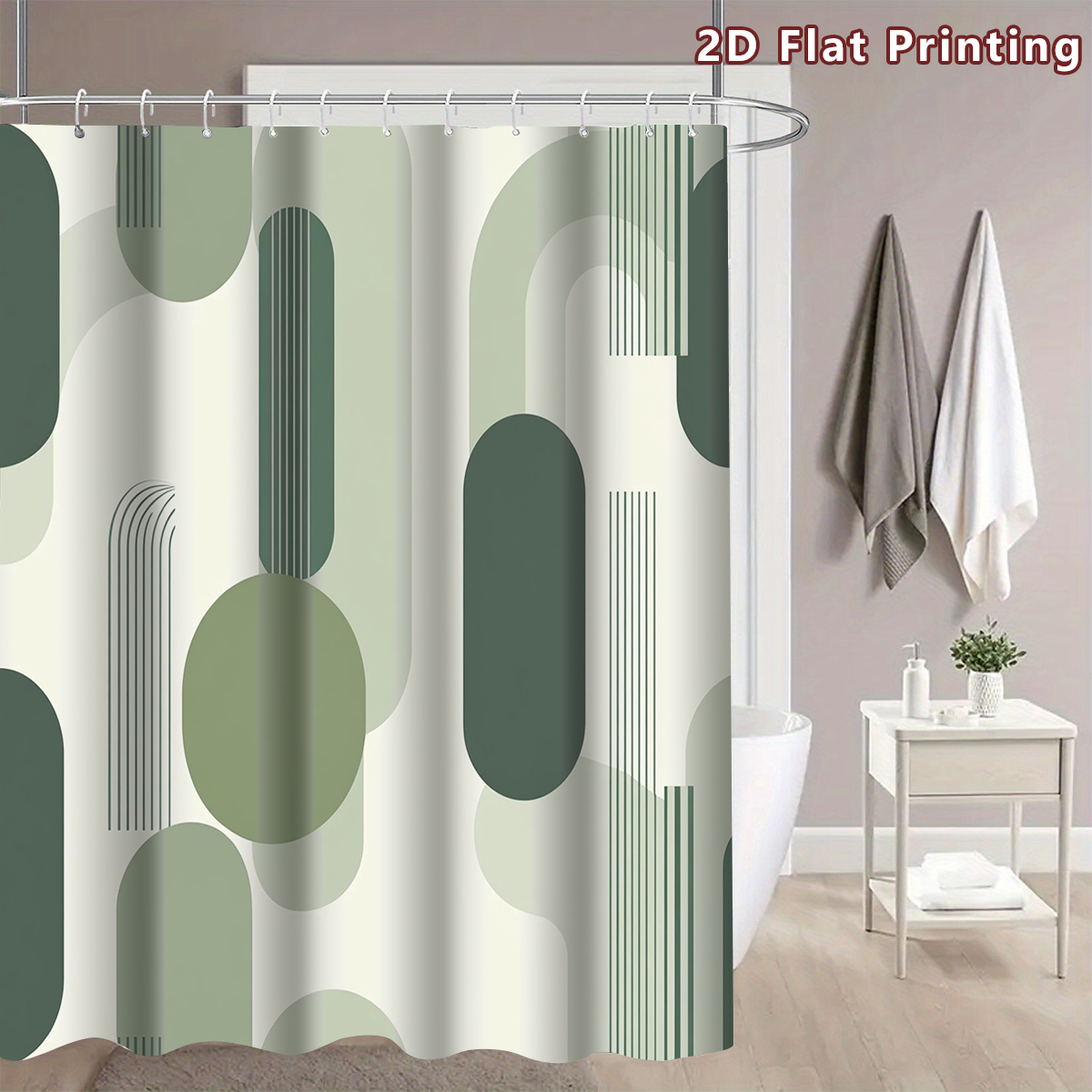 Olive Green Modern Geometric Shower Curtain with Hooks, Multi-Size