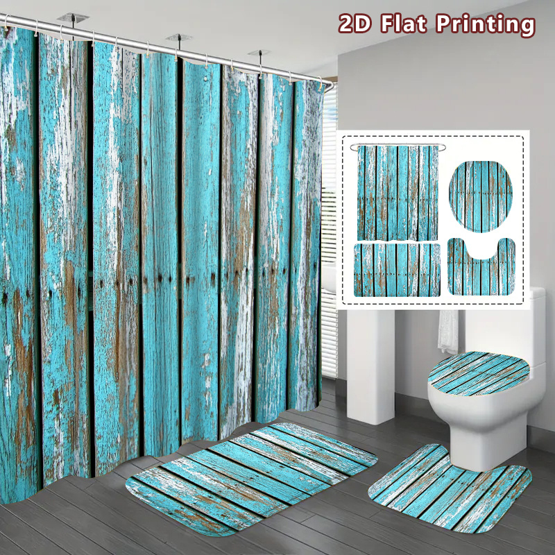 4pcs Rustic Wood Shower Curtain & Bath Mat Set