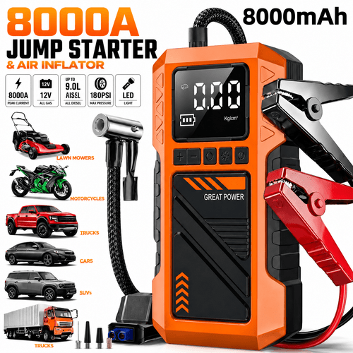 8000a car jump starter with 180psi tire inflator portable air compressor 12v battery booster jump gas engines heavy duty battery starter with power bank sos led light for suv truck