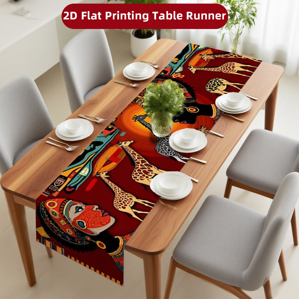 TEMU African Tribal Table Runner & Tablecloth Suitable For Bohemian Vintage Decor - Thickened Wear-resistant Polyester With Afro Woman Giraffe Print,