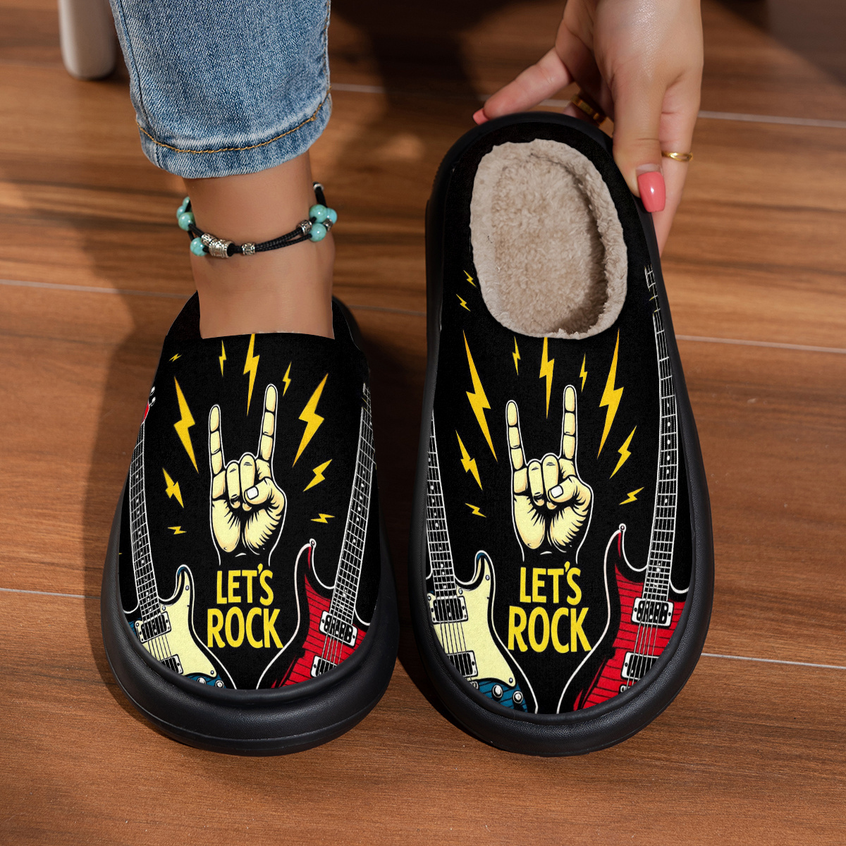 TEMU Home Indoor Slippers Men's Cartoon Rock Guitar Print Slippers, Non-slip And Wear-resistant Home Warm Indoor, Suitable For Living