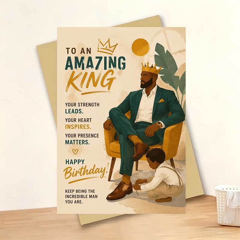 TEMU 1 Greeting Card + 1 Envelope Elegant Birthday Greeting Card, For Man Wearing Crown Sitting With Text To An Amazing King, Suitable For Husband,