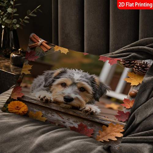 1pc pillowcase pillow inserts not included 2d flat print autumn themed pillow cover multicolor fall leaves and puppy print decorative pillowcase ideal for home decoration stylish pillow covers for beds and sofas bedroom material for ho