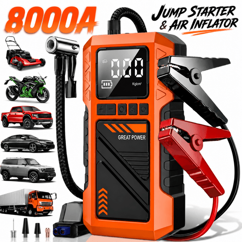 תמונת פריט מטען רכב 8000a עם קומפרסור אוויר 180psi, מטען נייד 10-ב-1 לכל מנועי הדלק/8.0l דיזל, סוללת גיבוי 12v, משאבת ניפוח צמיגים מהירה 22 צילינדרים עם תאורת led, קופסת התנעה לשעת חירום לרכב שטח, משאית, אופנוע