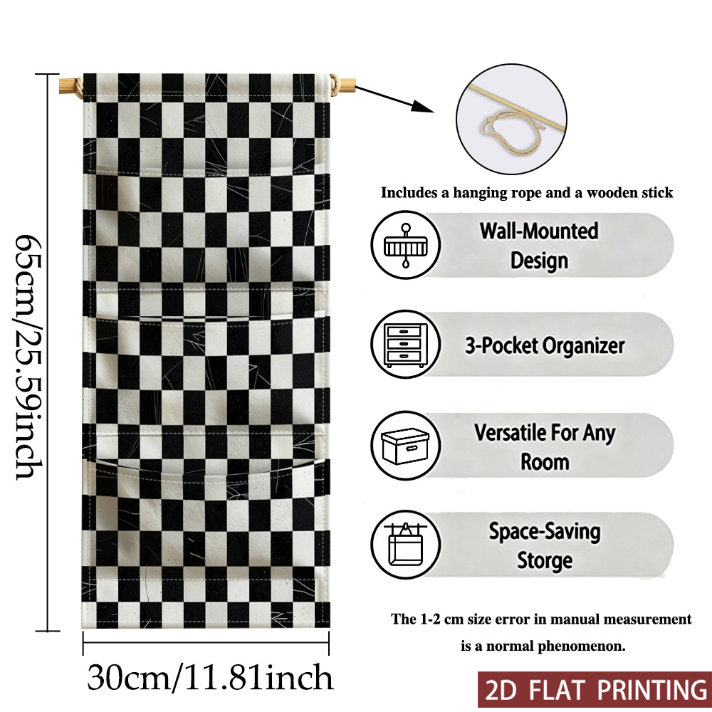 TEMU [2d Flat Printing] 1pc Black White Checkerboard Pattern Three-tier Wall-mounted Storage Bag Perfect Gift For Festive Decor Western Suitable For