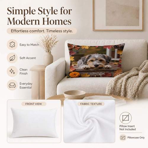 item picture 1pc pillowcase pillow inserts not included 2d flat print autumn themed pillow cover multicolor fall leaves and puppy print decorative pillowcase ideal for home decoration stylish pillow covers for beds and sofas bedroom material for ho