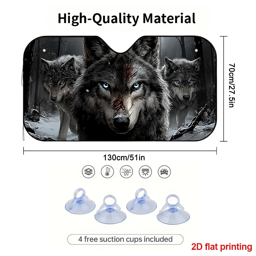TEMU 1pc 2d Flat Wolf Pack In Snow Pattern Universal Car Sunshade For Windshield - Outdoor Parking Shade Protector With 4 Suction Cups, Fashionable