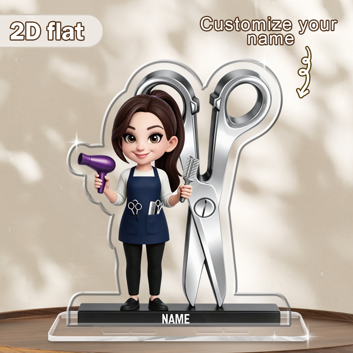 TEMU 1pc 2d Flat Personalized Female Hairstylist Acrylic Standee, Custom Name Barber Decor, Scissors And Hairdryer Themed Desk Ornament, Unique Gift