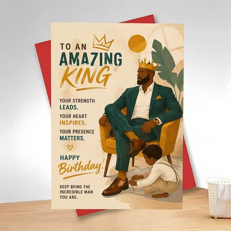 TEMU 1 Greeting Card + 1 Envelope Elegant Birthday Greeting Card, For Man Wearing Crown Sitting With Text To An Amazing King, Suitable For Husband,