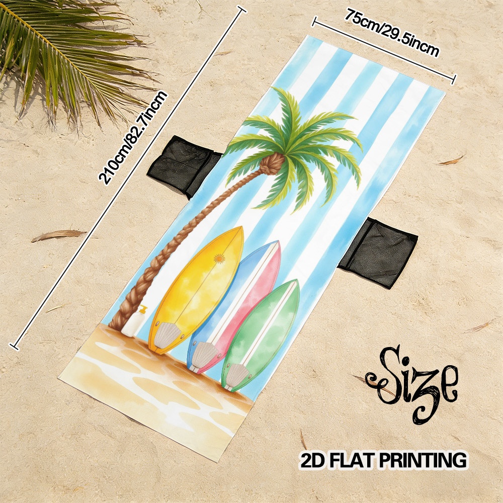 TEMU 2d Flat - 2d Flat - 2d Flat, 1pc Beach Chair Cover Beach Surfboards And Palm Print, Large Capacity Breathable Mesh Pockets, Foldable And