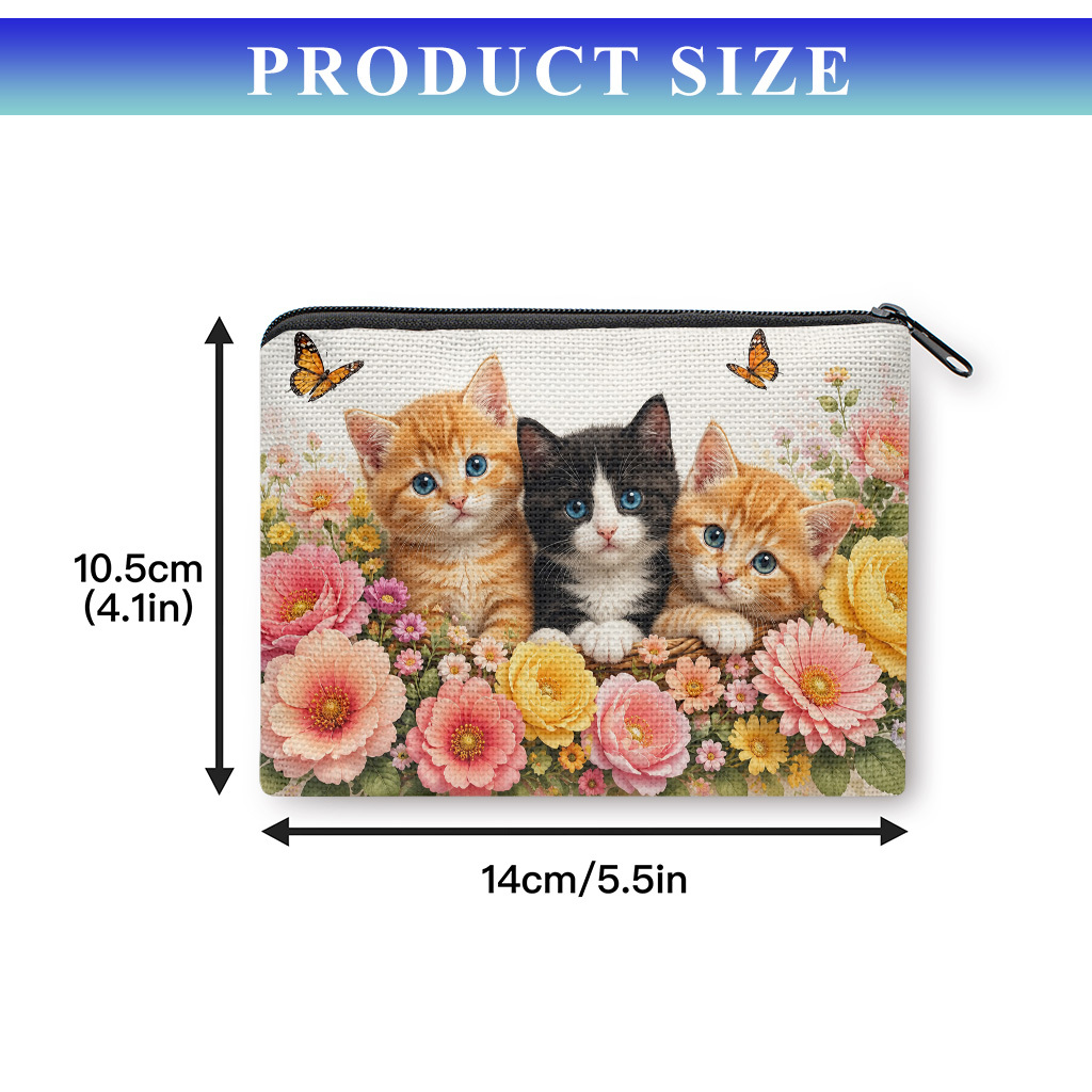 TEMU Coin Purse, Cute Kittens Surrounded By Flowers Coin Purse, Zipper Closure, Small Portable , Cash, Keys, Cards, Earphone, And Small Essentials