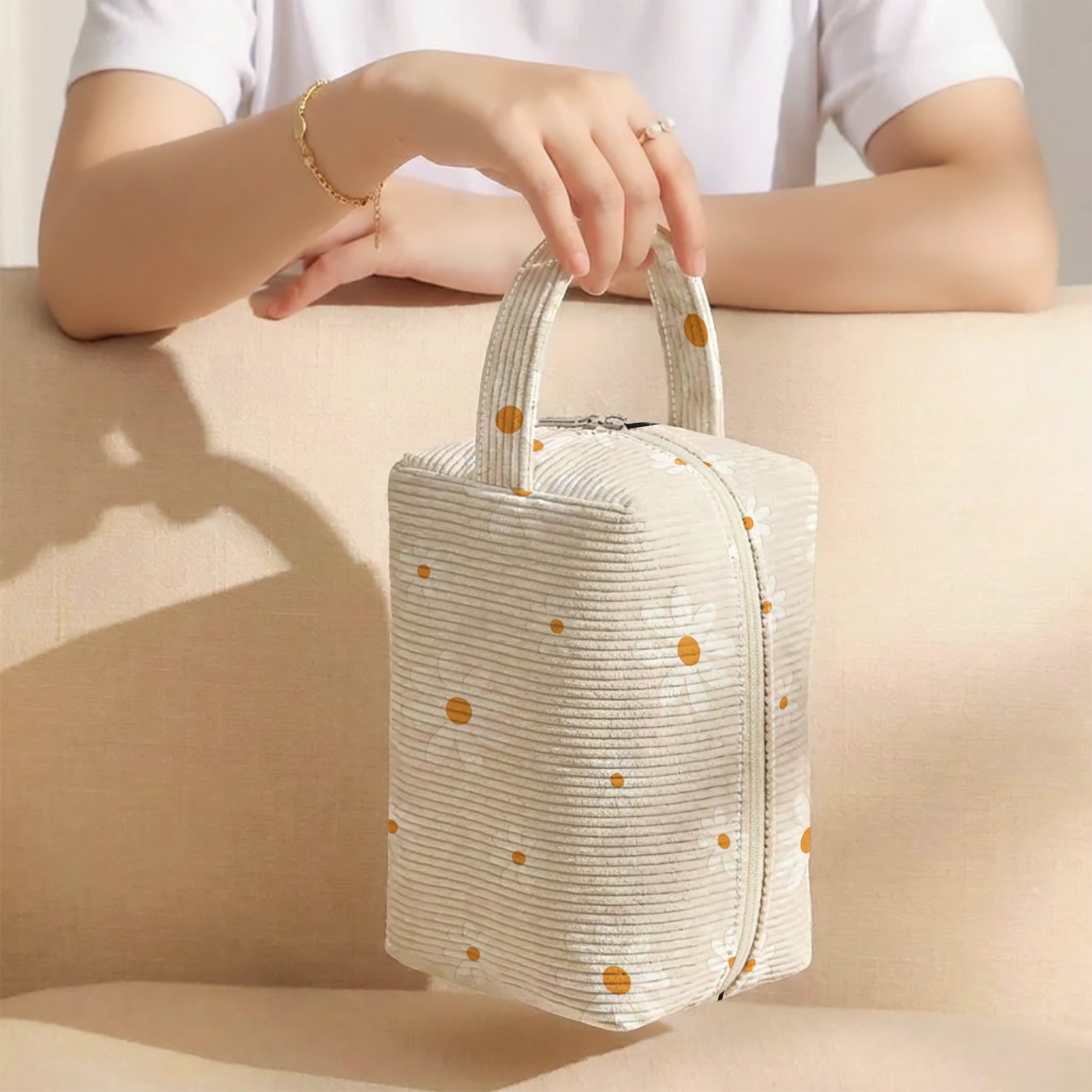 TEMU 1pc, Toiletry Bag, Daisy Print | Fresh Versatile Pattern 2d Print, Reinforced Handle And Corduroy Material | For /toiletries | Travel Storage