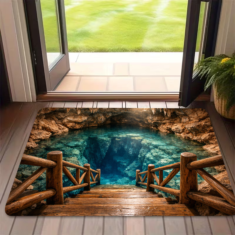 TEMU 1pc Cave Water Scene Wood Suitable For Indoor/outdoor Use, Hand Washable Stair Tread With Cave, For Entrance, Stairs, Holiday Dining & Home