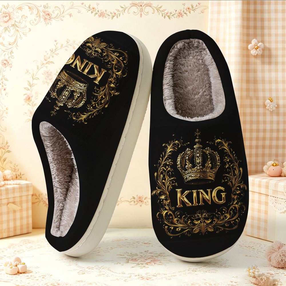 TEMU Women's And Men's Indoor Slippers Featuring A And "king" Text Printed On A Black Background With Ornate Patterns. Suitable For Couples,