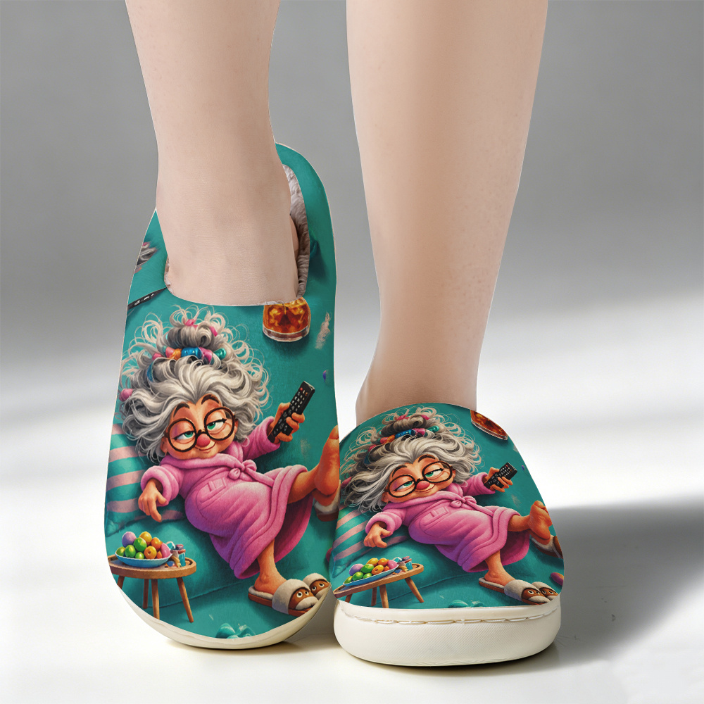 TEMU Lazy And Comfortable "grandma Watching Tv" Pattern Print Fashionable Non-slip Slippers, Unisex For , Comfortable Slippers For Home And Outdoor