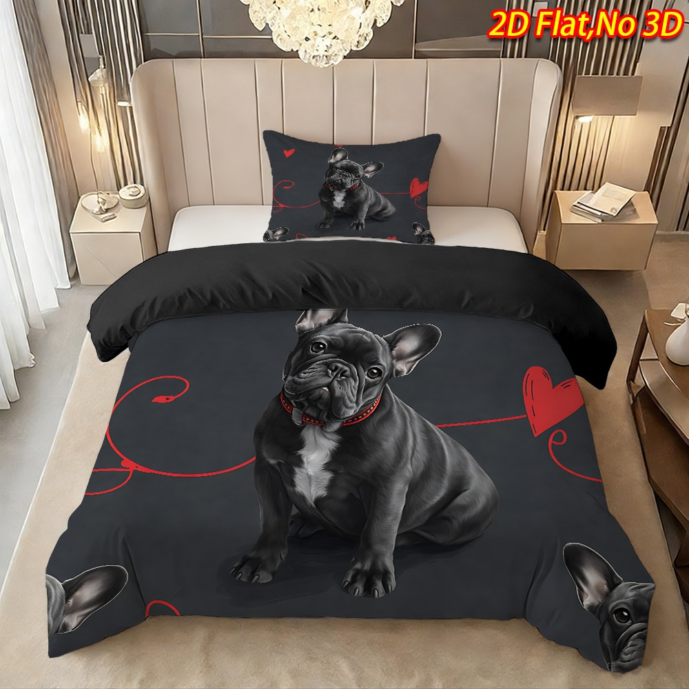 TEMU 2/3pcs 2d Flat Printing Spring Summer New Cute Black French Bulldog And Heart Pattern Duvet Cover Set (1 X Duvet Cover Pillowcases, No Filling),