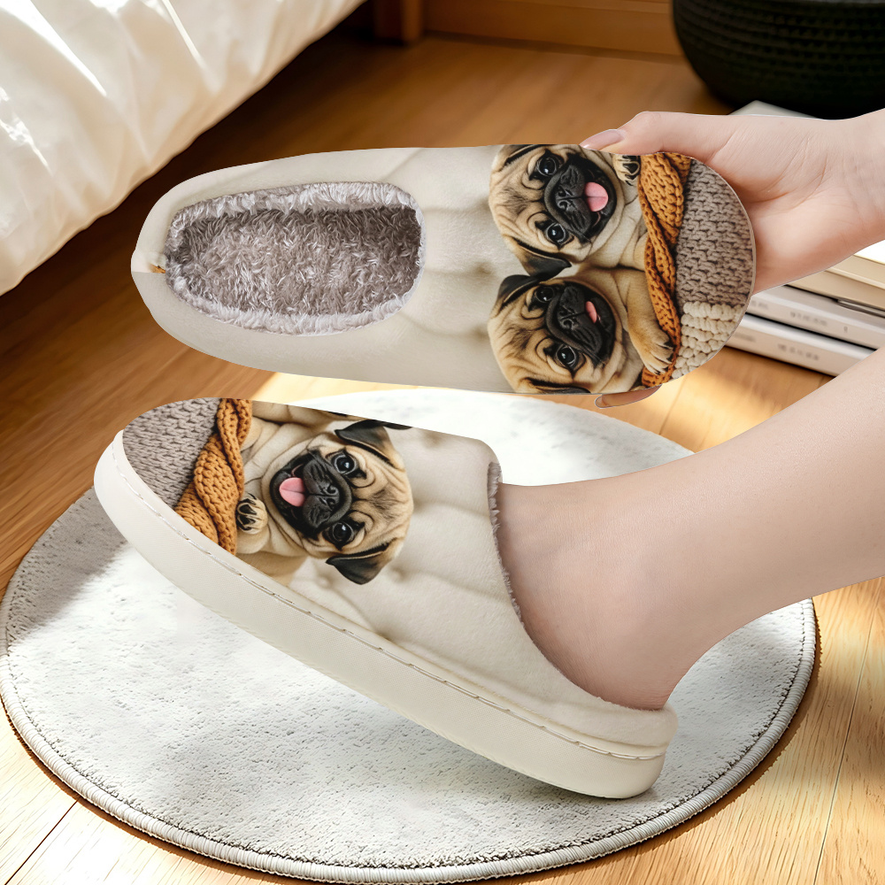 TEMU [printed Design - Not Textured] - Warm Knit-style Slippers Featuring 2 Cute Pug Puppies Sticking Out Their . Fashionable Printed Design For Home