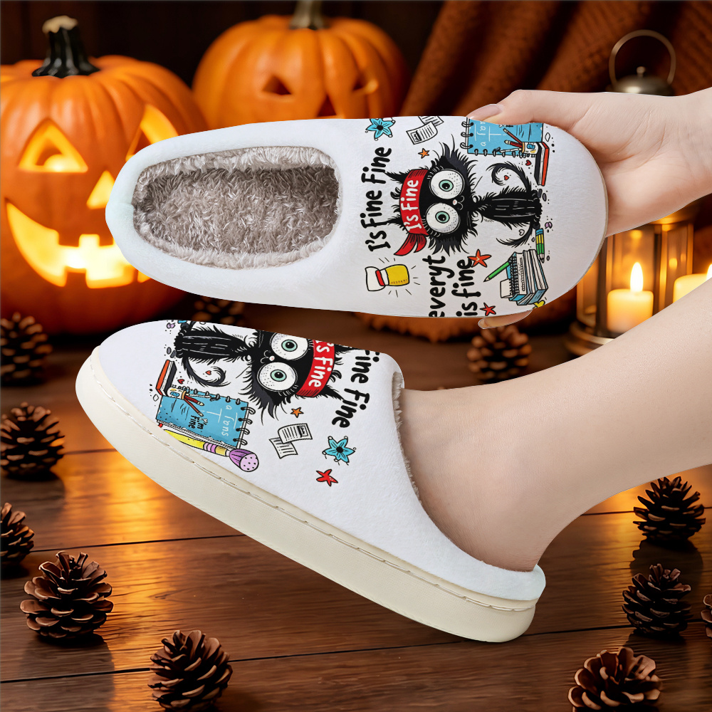 TEMU [printed Design-not Textured]-unisex House Slippers, Fun Hand-drawn Fuzzy Black Cat Stationery Scene With Inspirational Slogan Print, Super Soft